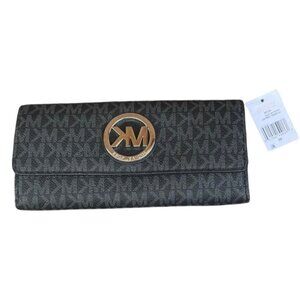 NWT Michael Kors  Black Fulton Flap ContinentalPebble Leather  MK Wallet